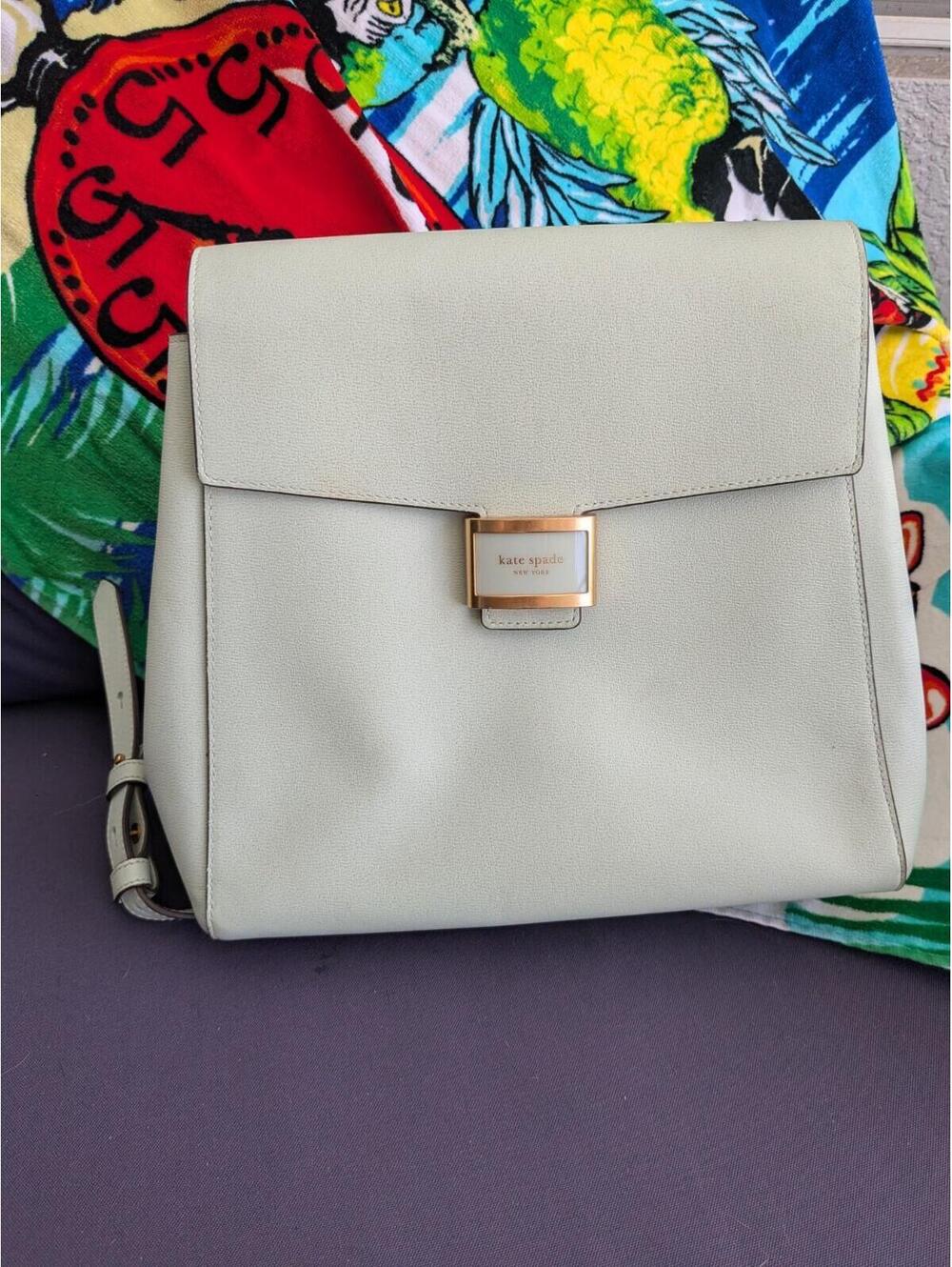 Kate Spade Katy Backpack Medium Flap Leather Crystal Blue greenish faded